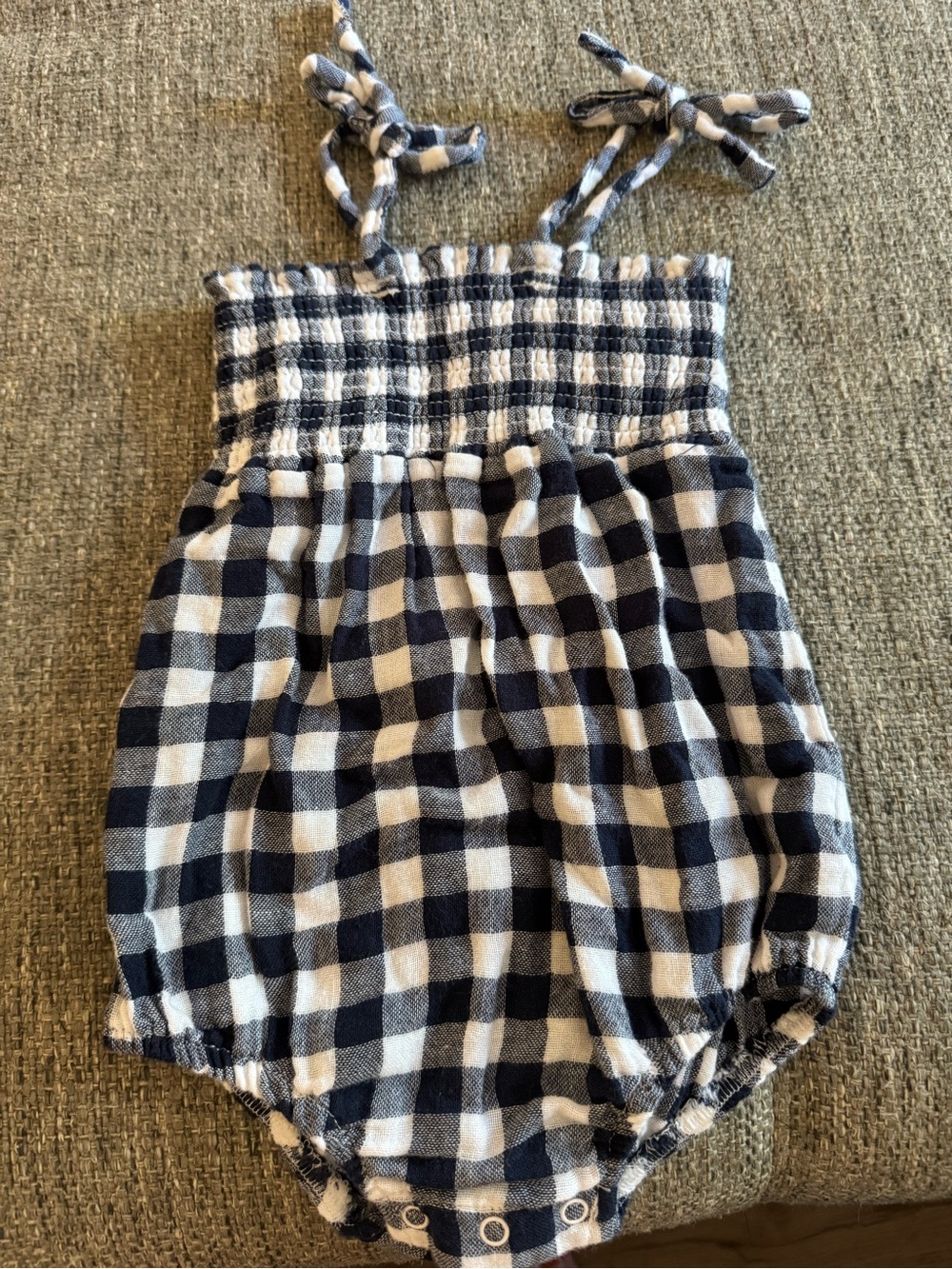Angel Dear Navy Gingham Smocked Tie-Strap Bubble Romper 6-12M